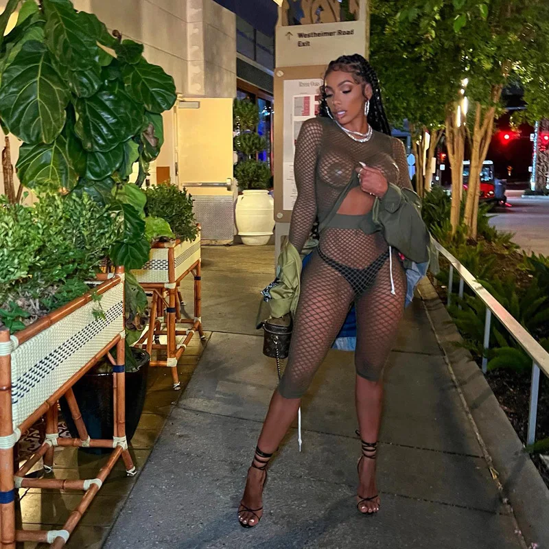 

Mesh Short 2 Piece Sets See Through Fishnet Long Sleeve Sexy Casual Biker Cargo Short Pant Club Outfit 2022 Women Fall Clothes