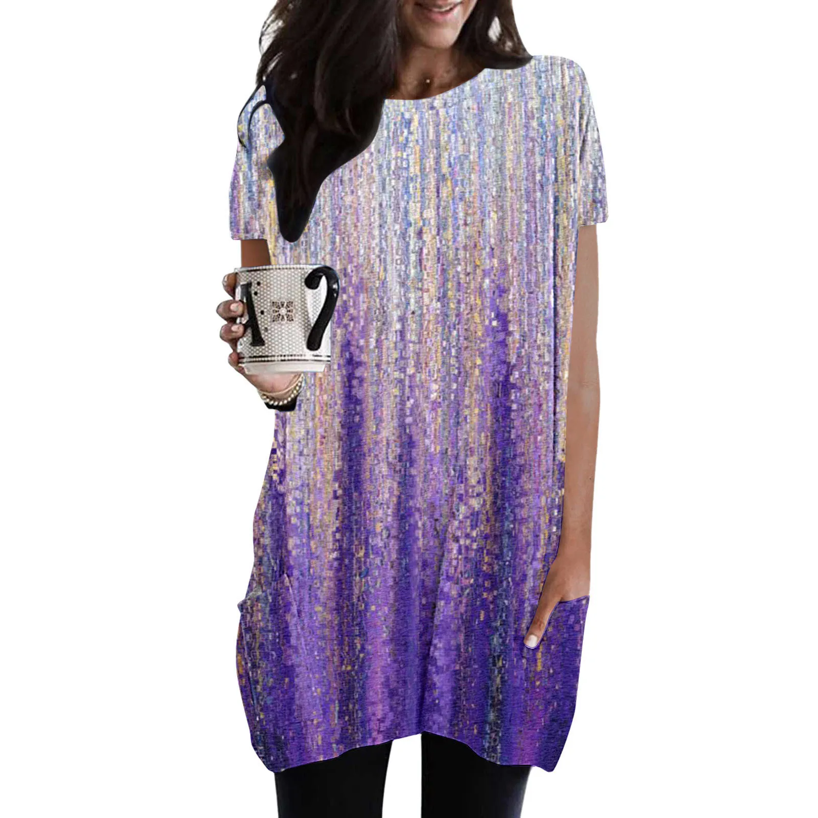 

Женский Повседневный Свободный пуловер с принтом, рубашки с круглым вырезом, туника с коротким рукавом, топы, блузка с карманами, рубашки на ...