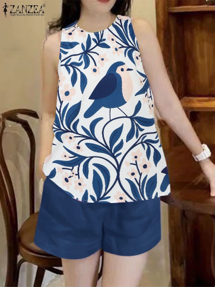ZANZEA Bohemain Короткие комплекты Летние топы без рукавов костюмы Модные повседневные