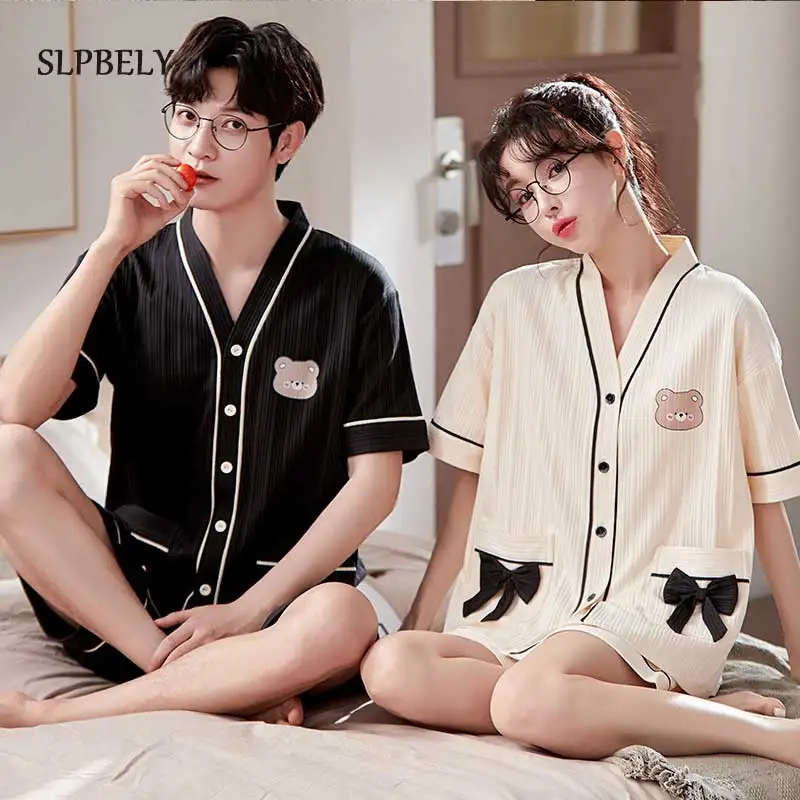 

SLPBELY Summer Couple Pajamas Set Cartoon V Neck Lover Pyjamas With Shorts Short Sleeve SleepwearHomewear Nightwear Home Suit