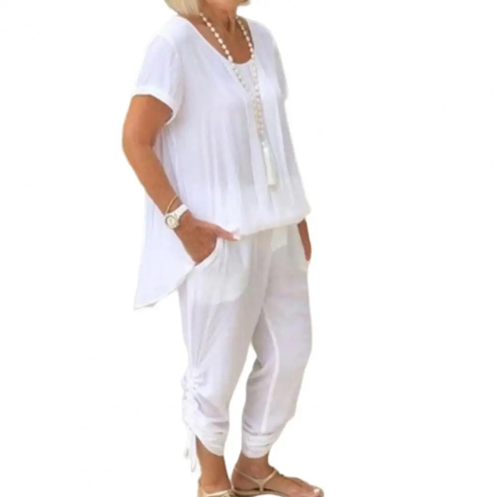 

O Neck Thin Short Sleeves Multi Pockets Blouse Trousers Suit Clothing