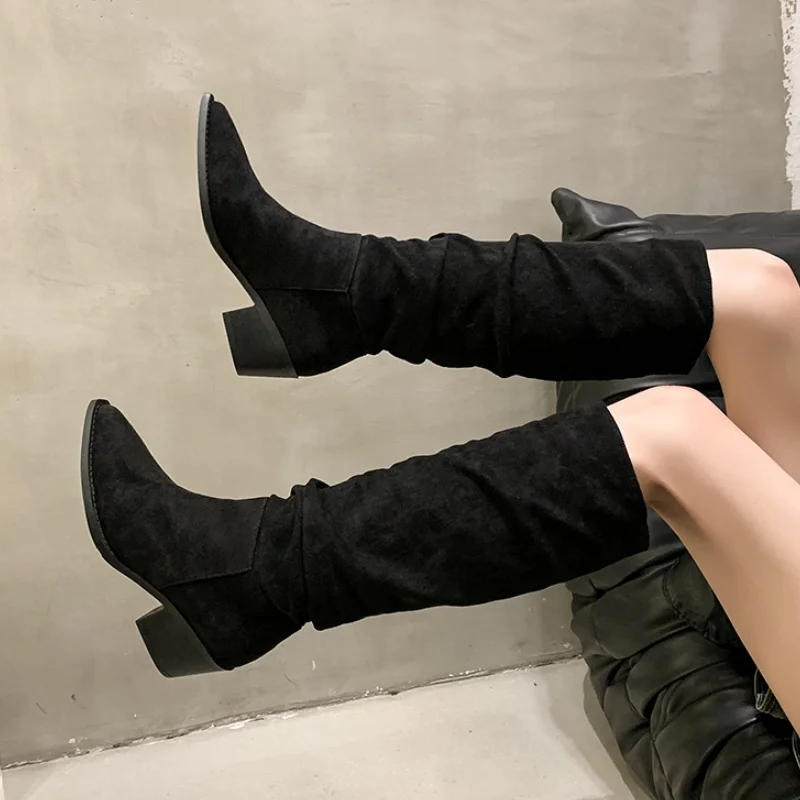 Плиссированные женские высокие сапоги замшевые туфли на среднем каблуке зима 2025