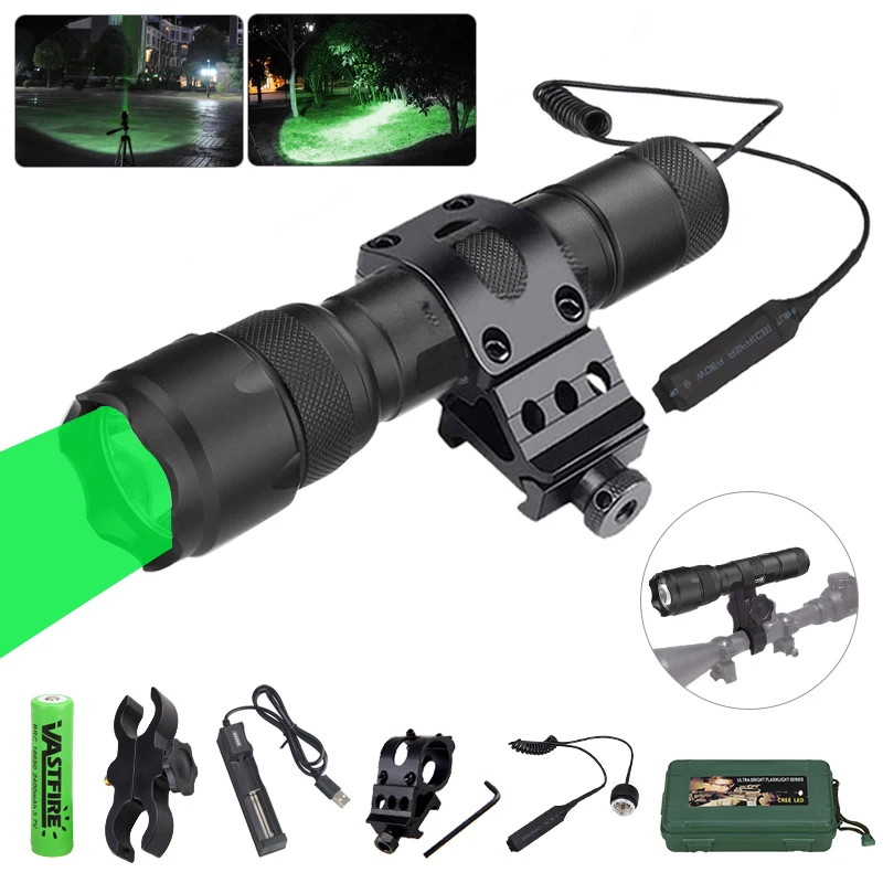 502B Green/Red/White LED Hunting Flashlight Tactical 1-Mode Waterproof Outdoor Light with Gun Mount+Switch USB Rechargeable Lamp
