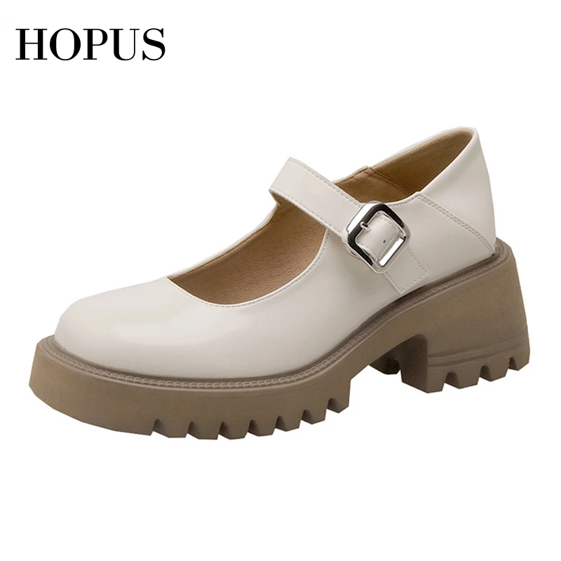 

HOPUS New Women Pumps Fashion Retro Preppy Style Round Toe Breathable Chunky Heel Leather Shoes For Women 2022 Platform Shoes
