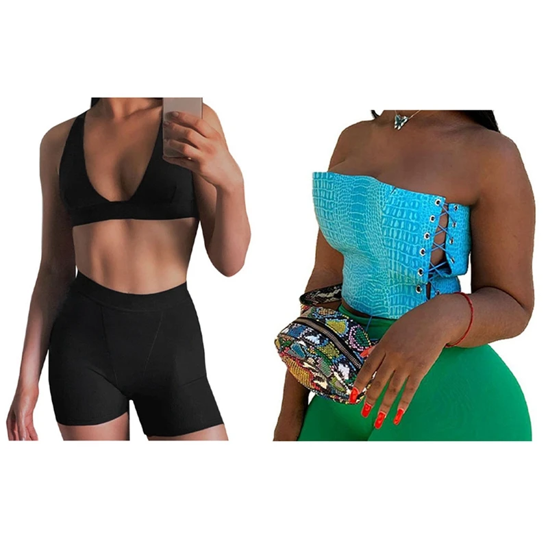 

ASDS-V-Neck Workout Sets Women Sleeveless Top Shorts Set Black S & Women's Side String Stitching Snake Pattern Top Blue S