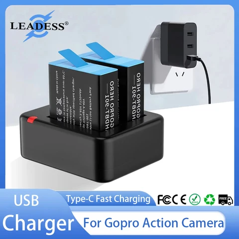 Для Gopro Hero 12 11 10 9, черное умное зарядное устройство с двумя портами и USB-кабелем, аксессуары для камеры Go Pro