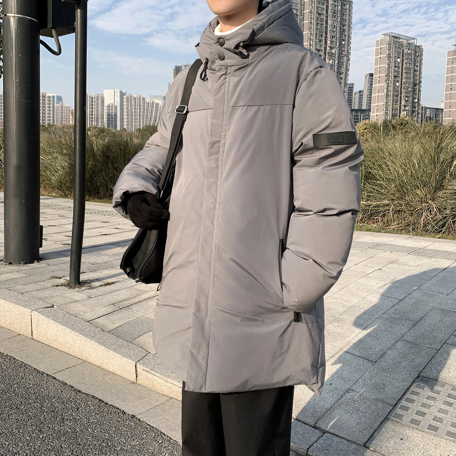 Mens Winter Cotton Padded Hooded Long Thicken Parkas Warm Solid Color Large Size Jackets Outwear