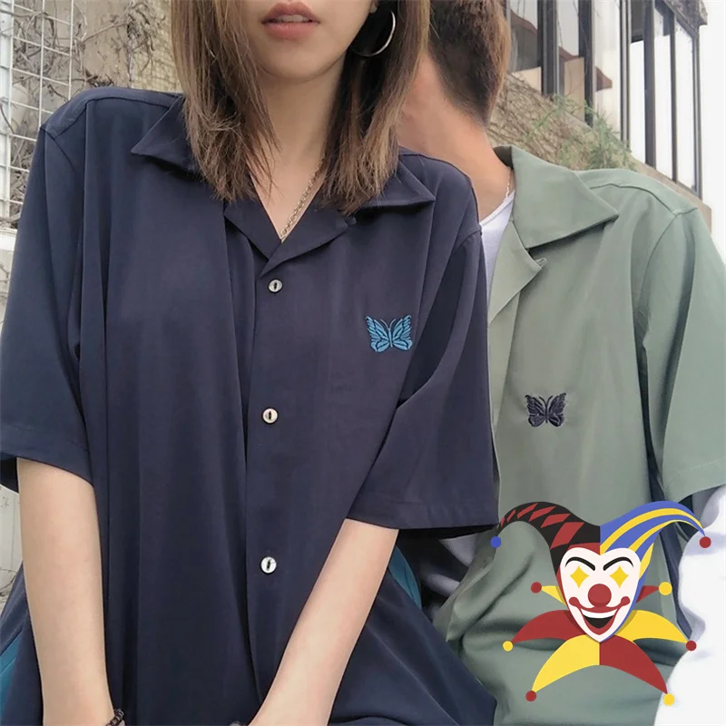 

Butterfly Embroidery Green Apricot Black Needles Shirts Men Women Oversized AWGE Spliced Lapel Shirt