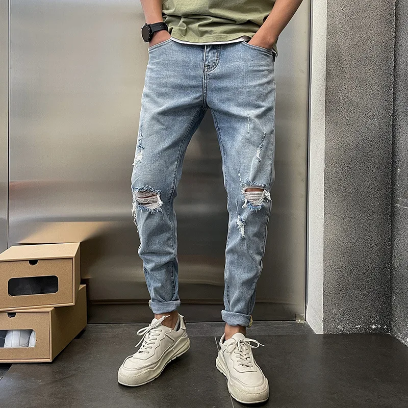 

New 2022 Spring Broken Jeans Men's Fashion Brand Slim Light Beggar Long Pants Korean Fashion Men Blue Vintage Casual Feet Pants