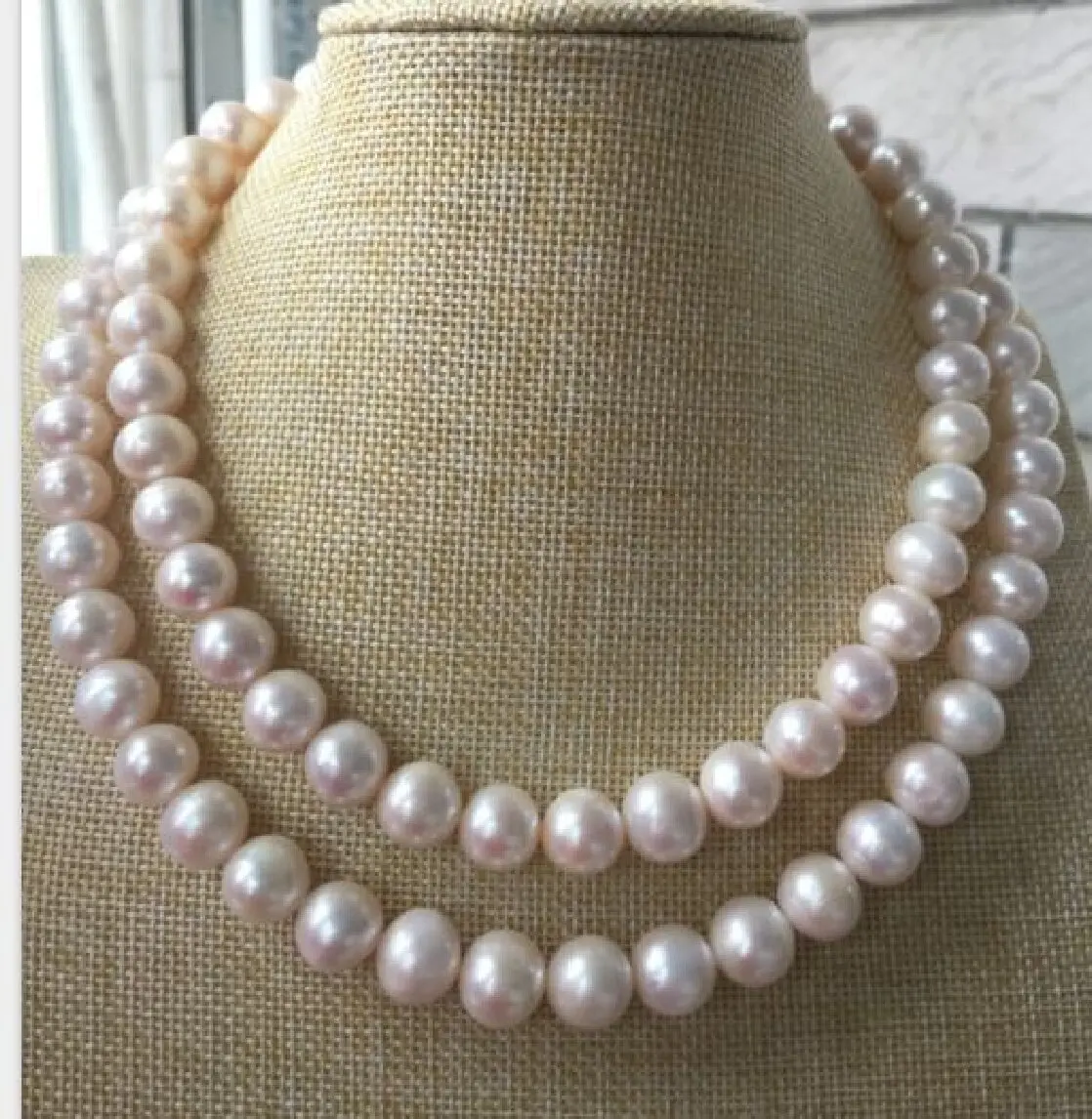 

good double strands 9-10mm white round pearl necklace 17"18" 925s