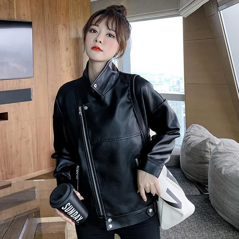 korean Autumn Spring Women's Leather Jakcet Loose Turn Down Ladies Faux Coat  Moto Biker Zipper Jackets for Lady Outwear black
