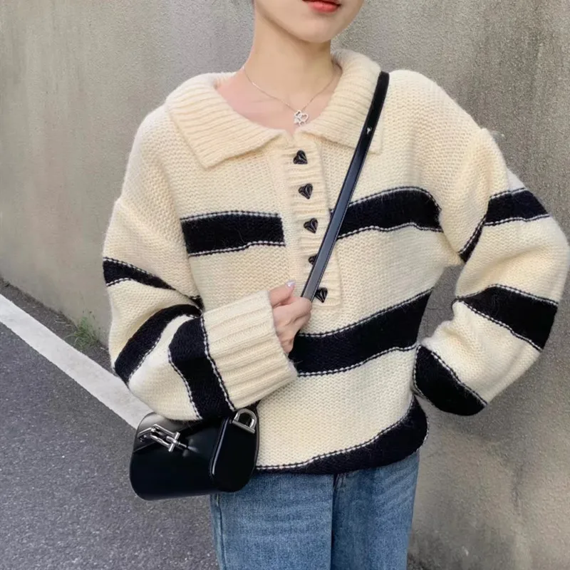 

POLO neck striped knit loose sweater women's autumn and winter pullover new versatile small fresh top.