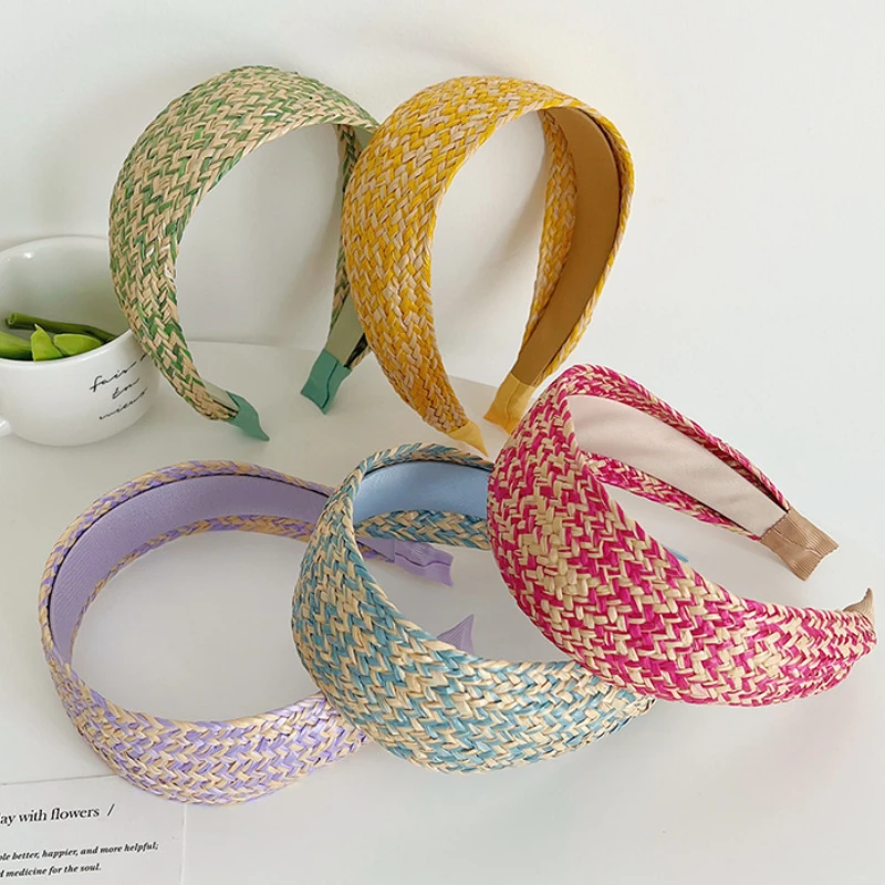 

Korean Fashion Wide Edge Straw Weaving Color Hairbands Girls Hairband Retro Simple Versatile Headwear Hair Accessories Clothing