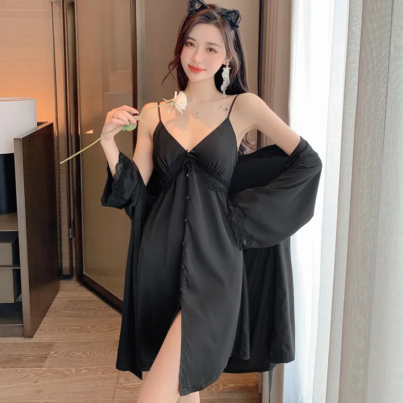 

Summer Sexy Women Pajama Suspender Nightdress Nightgown Two Piece Set Chest Pad Home Clothes Slit Dress Sleeping Dress Gown Robe