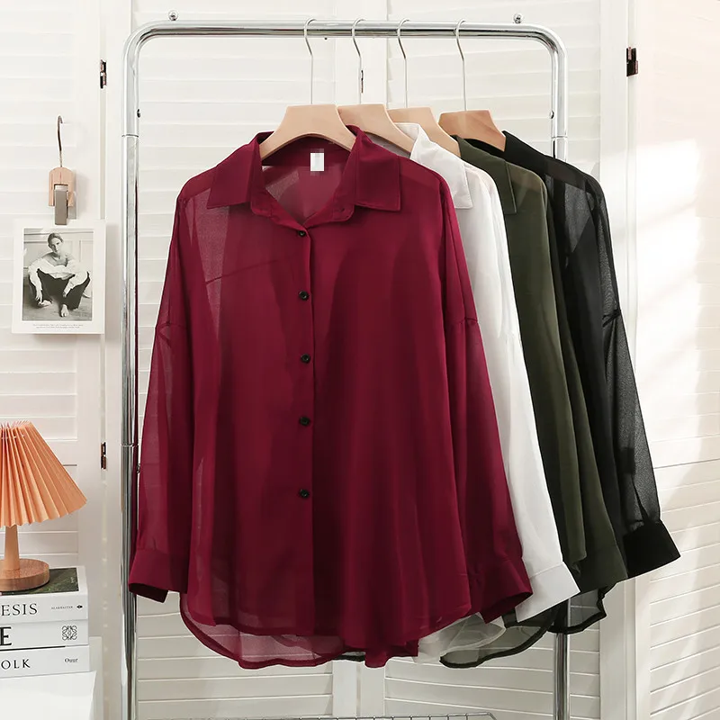 

Spring Autumn Long Sleeve Irregular Chiffon Blouse Women Single Breasted Thin Office Shirt Lady Loose Midi Long Casual Blouses