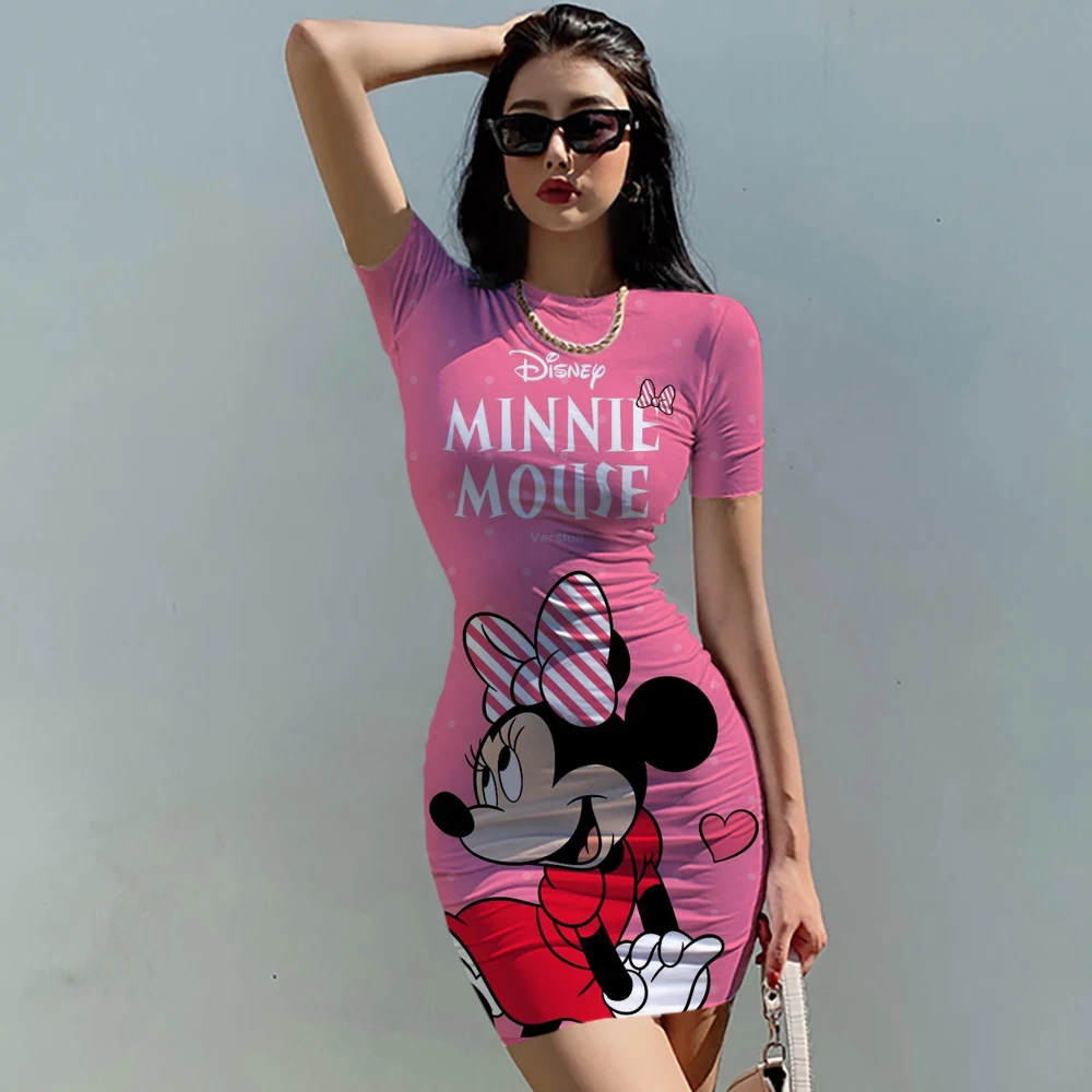 Disney Brand Mickey and Minnie Dresses Fashion Skinny Dresses Sexy Short Sleeves Summer Elegant Dresses For Women Waisted Party