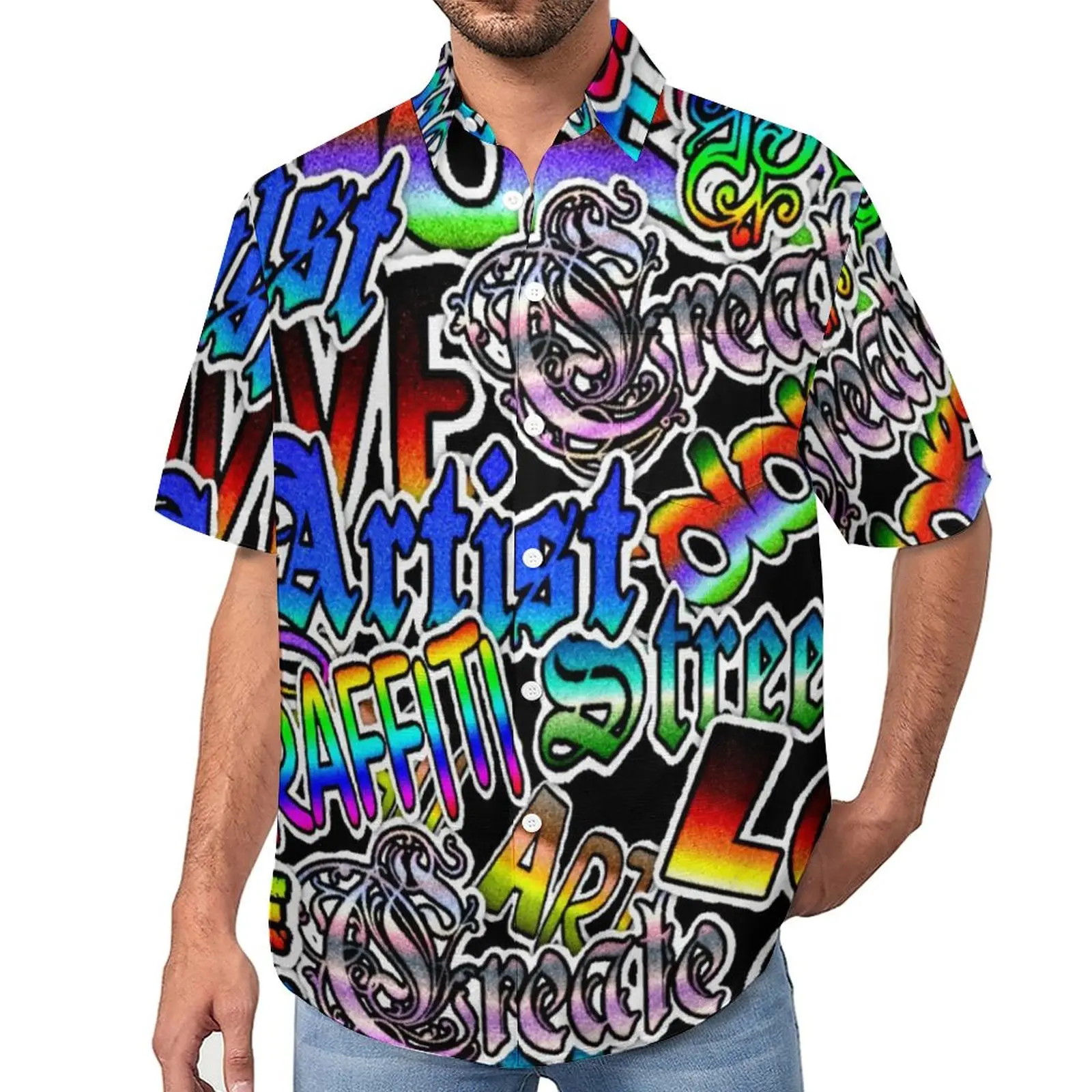 

Colorful Word Graffiti Blouses Man Letter Art Print Casual Shirts Summer Short Sleeve Graphic Trending Oversize Beach Shirt Gift