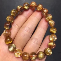 natural gold rutilated quartz crystal clear round beads bracelet 9mm wealthy cat eye yellow rutilated brazil stretch stone aaaaa