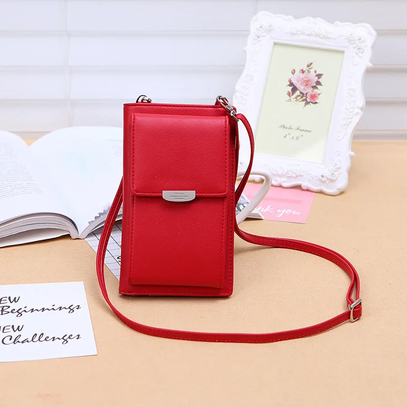 

2022 New Women Purses Solid Color Leather Shoulder Strap Bag Mobile Phone Bag Card Holders Wallet Handbag Pockets for Girls
