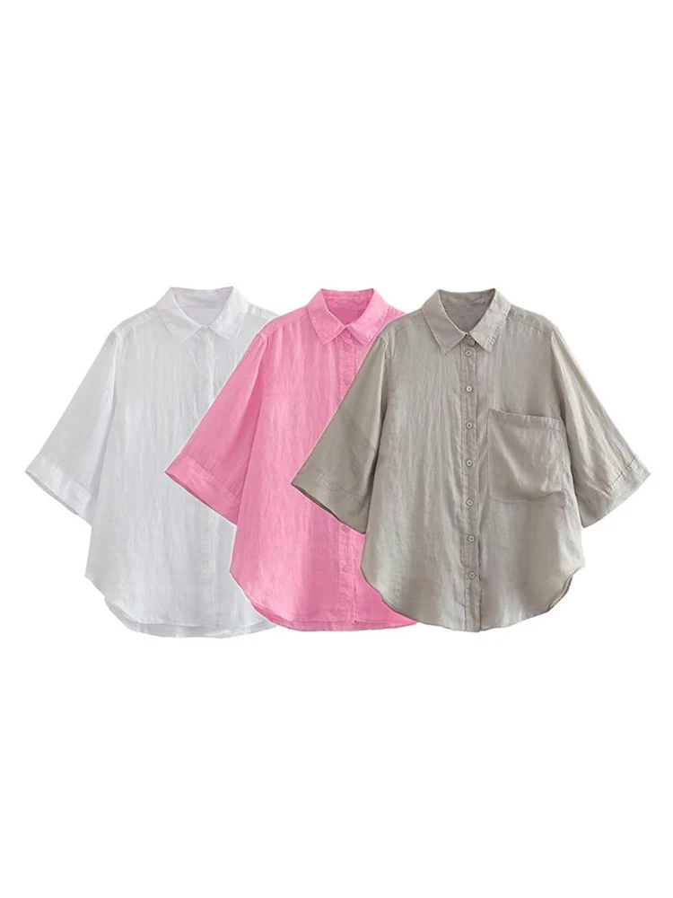 

Fashion Women Linen Blouses 2023 New Summer Female Holiday Style Solid Lapel Single-Breasted Short Sleeve Shirt 3 Colors