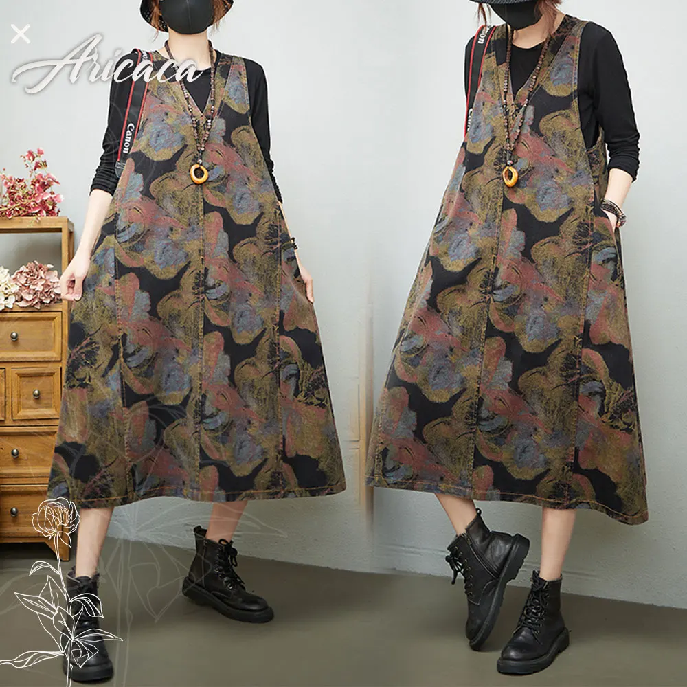 

Aricaca Summer Denim M-2XL Loose Dresses Women Vintage Loose Waist Sleeveless Flower Print Dress