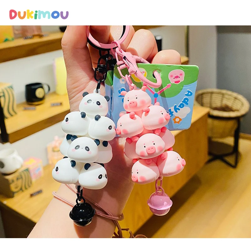 

Kawaii Cartoon Animal Keychain Panda Pig Chick Jenga Bag Pendant with Bell Anime Accessories Kids Toys for Girls Couple Gift