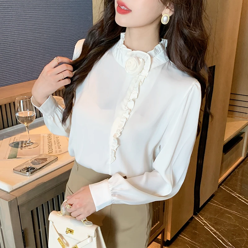 Женская шифоновая блузка с длинным рукавом оборками