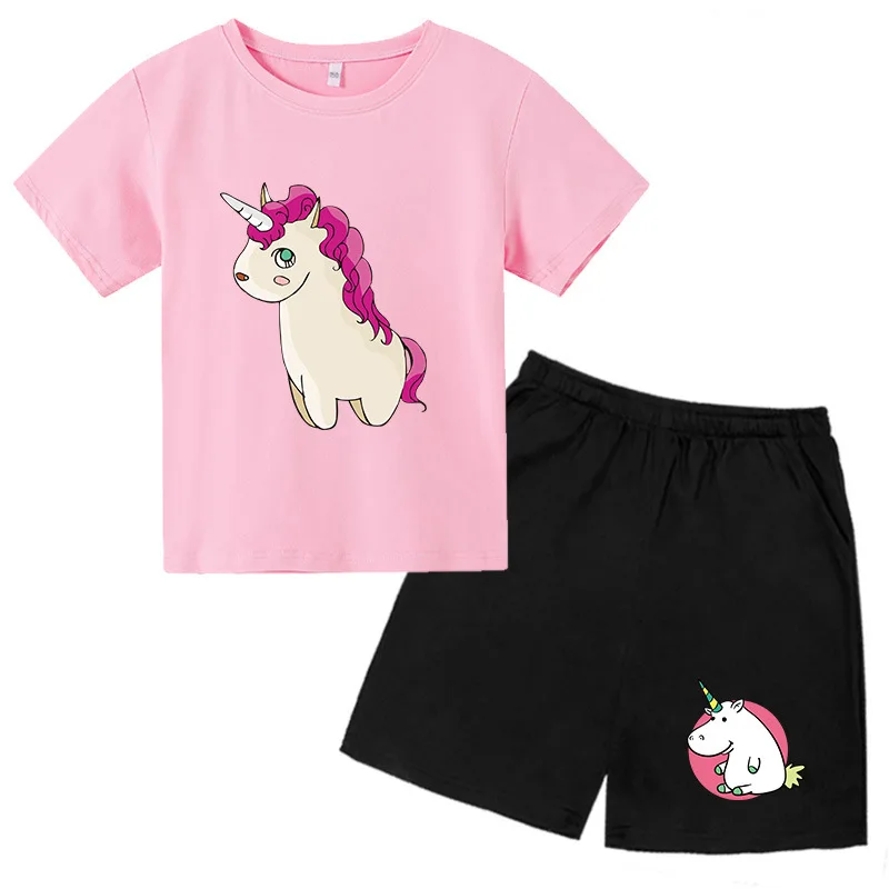 

Kawaii Cartoon Printt Unicorn Suit Boy Girl Baby Cotton T-shirt + Shorts 2-Piece Set 2022 New Summer Kids Sportswear 4-14T