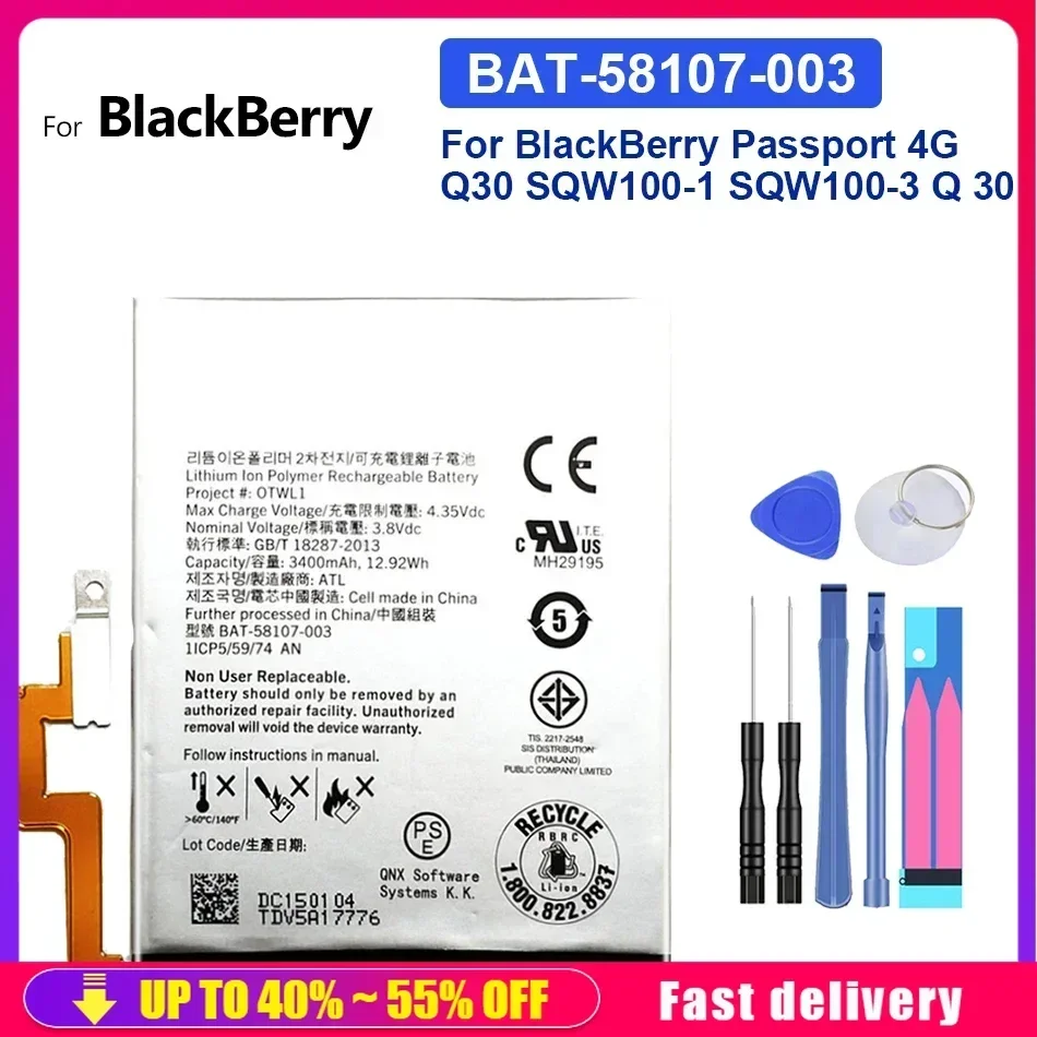 Аккумуляторы для мобильных телефонов 3400 мАч BAT-58107-003 BlackBerry Passport 4G Q30 SQW100-1 SQW100-3 Q 30