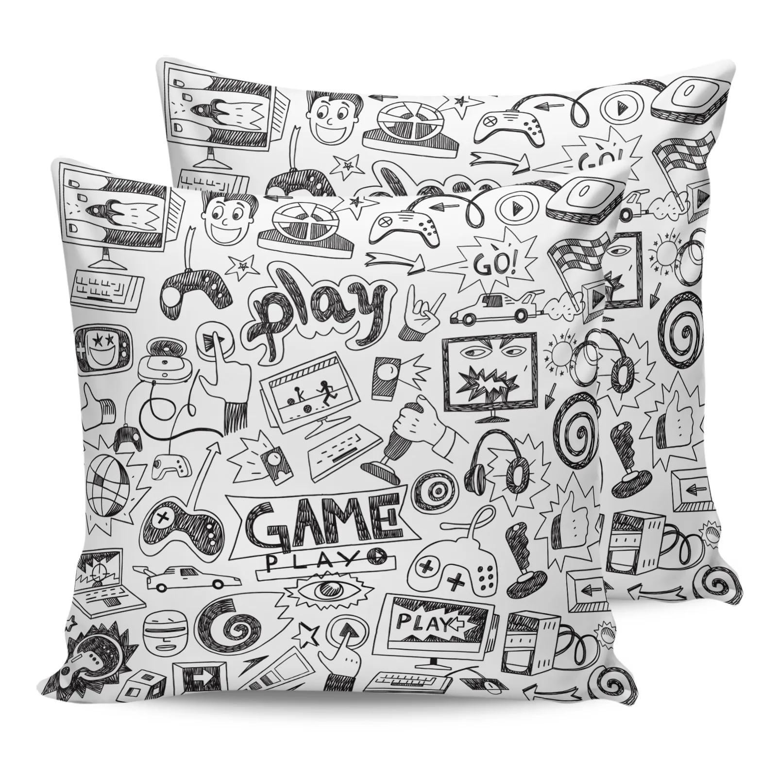 

2PCS Pillowcases Play Game Black White Cartoon Graffiti Cushion Cover Home Bedding Room Decorative Couch Throw Pillow Case