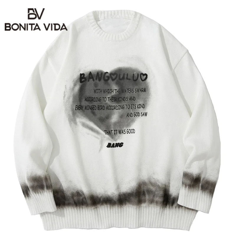 

Fashion Hip Hop Tie Dye Letter Print Sweater Men 2022 Autumn Streetwear Casual Pullover Tops Harajuku Unisex Loose Sweater