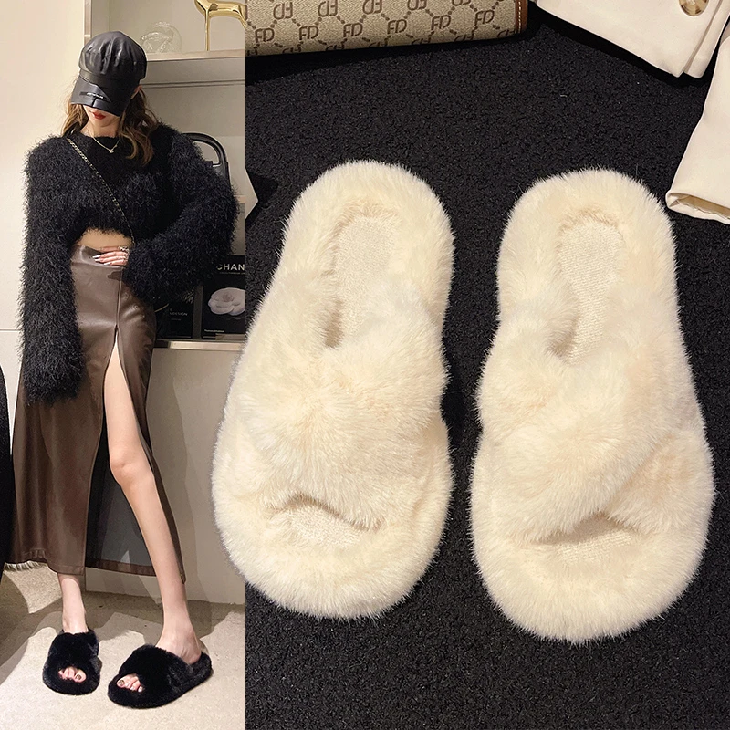 

Женские меховые тапочки на осень и зиму, женская домашняя хлопковая обувь, модная плюшевая женская обувь на плоской подошве, привлекательная меховая женская обувь с открытым носком для дома