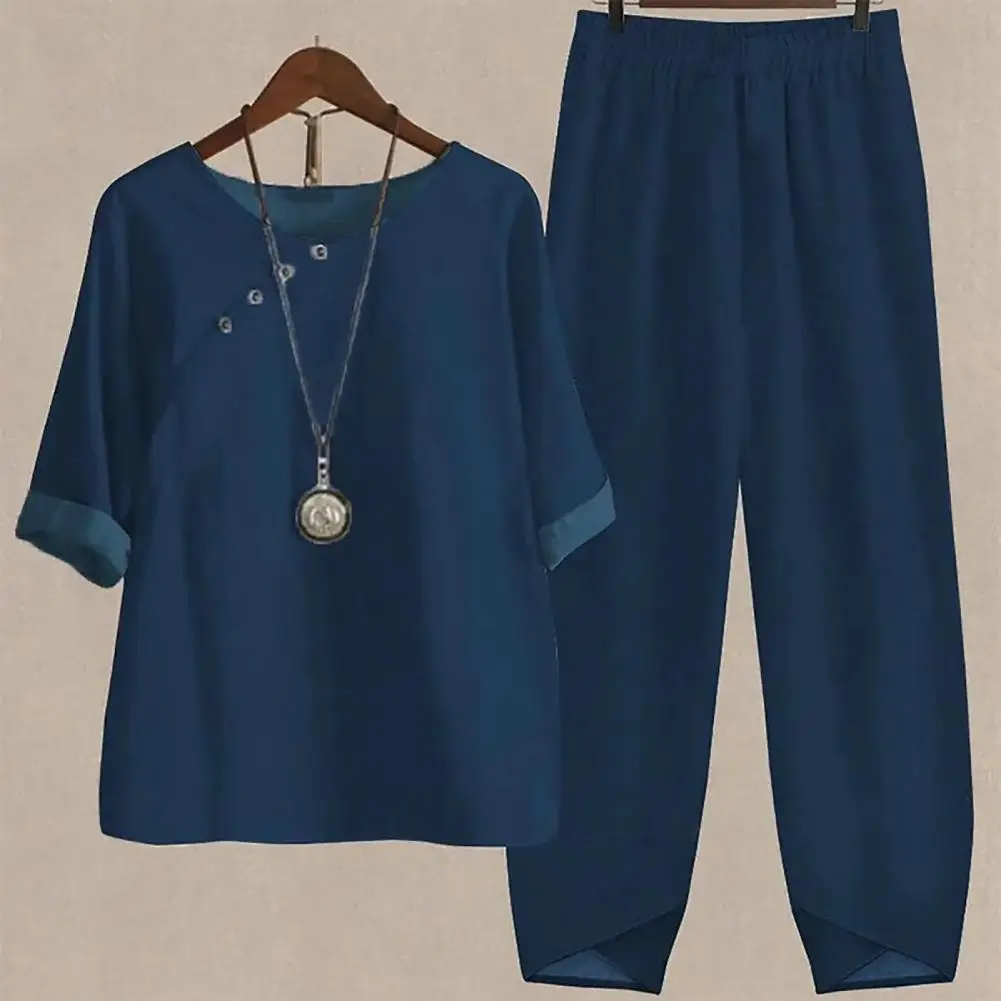 

Женский винтажный комплект из двух предметов, Повседневная рубашка с круглым вырезом и коротким рукавом с цветочным принтом, свободные брюки с высокой талией, женский костюм, лето 2023