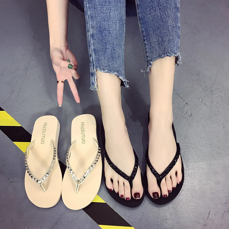 

Alo cnc 2022 New Women's Platform Flip-flops Summer Wedge Rhinestone Mid Heel Non-slip Platform Slippers Outer Wear Good-shoes