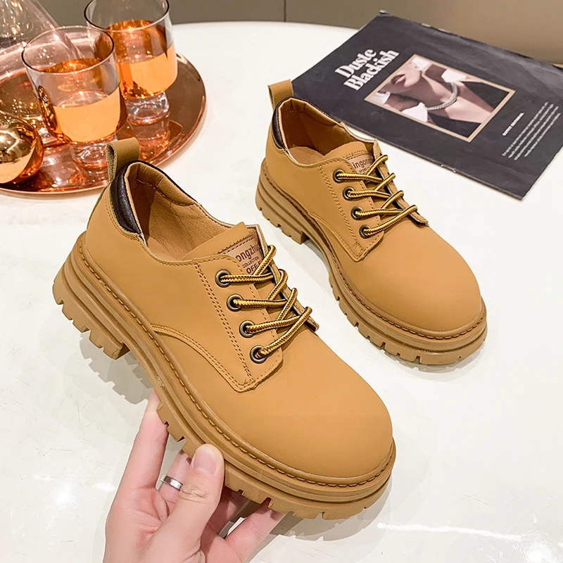

2022 Round Toe Woman Pumps Platform Lace Up Square Low Heels Women's Loafers Black Genuine Leather Casual Lady Shoes Rubber