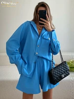 clacive fashion long sleeve blouses 2 piece sets womens outfits casual loose blue shorts set elegant office suits with shorts