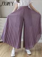 fashion streetwear pleated culotte mujer pants blue black purple chiffon trousers stretch high waist loose wide leg pants women