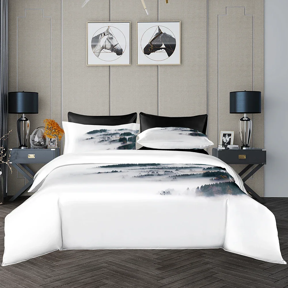 Ink Painting Pattern Duvet Cover Set 220x240 Elegant Soft Quilt 220x260 With Pillowcase White Flat Sheet Bedding