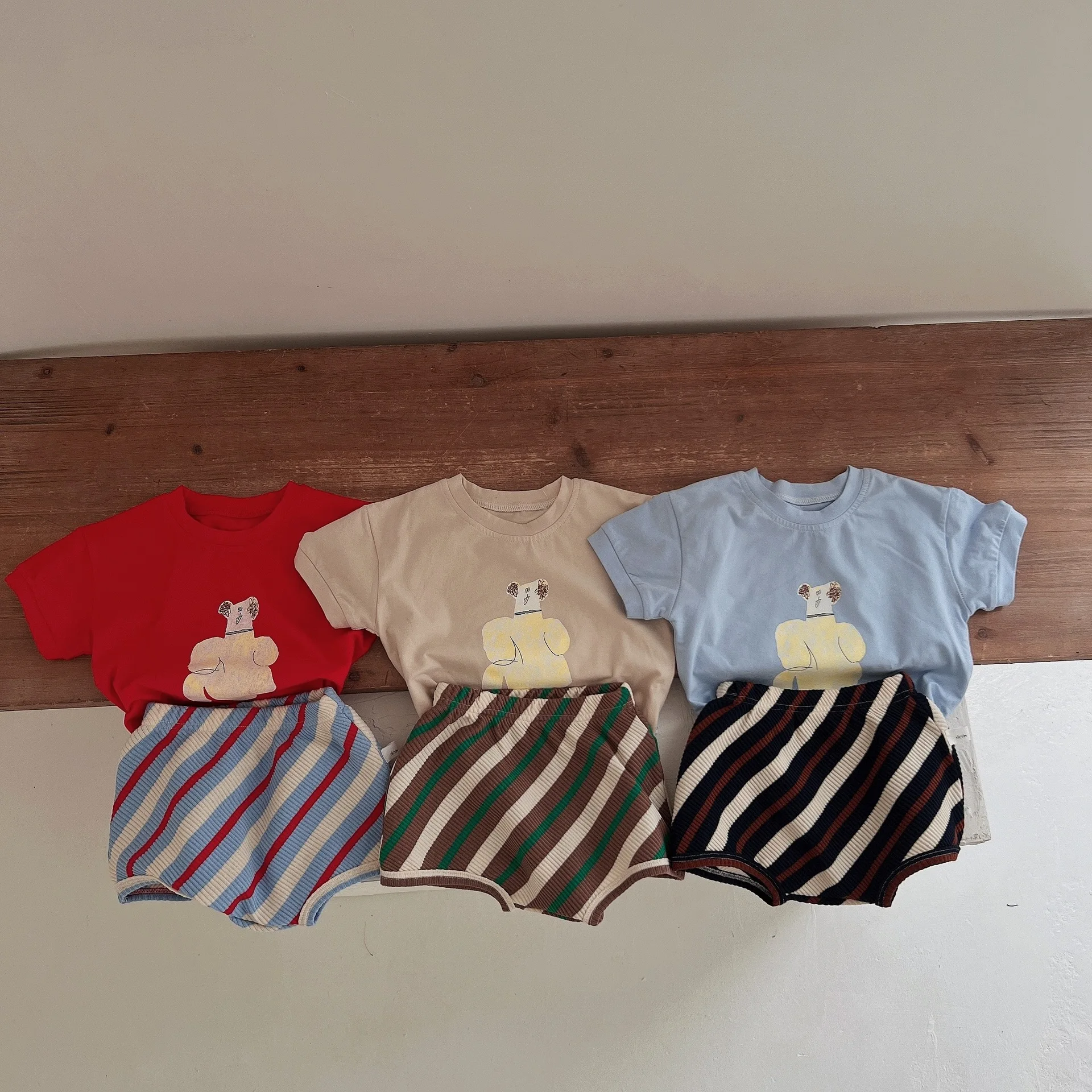 

Toddler Boy Casual Animal Print T-shirt And Knitted Striped Loose Shorts Set Baby Girl Summer New Arrival Thin Sport Suit