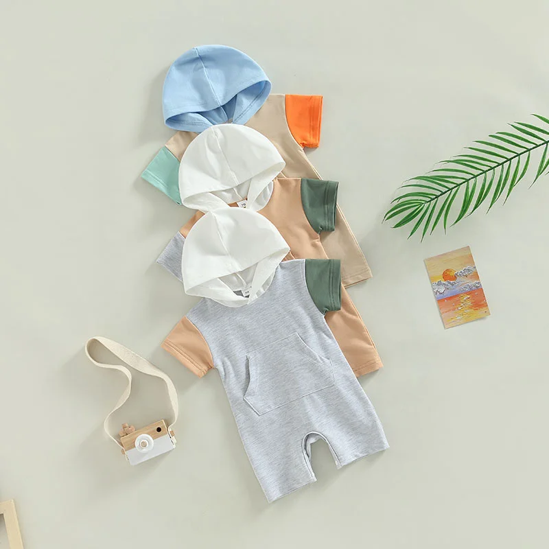 

Комбинезон с капюшоном для младенцев, летняя повседневная одежда контрастных цветов, комбинезон с коротким рукавом и карманами для мальчик...