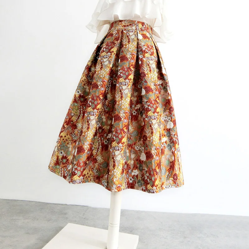 Retro Spring Autumn Jacquard Printed Ball Gown Skirt Women High Waist Party Princess
