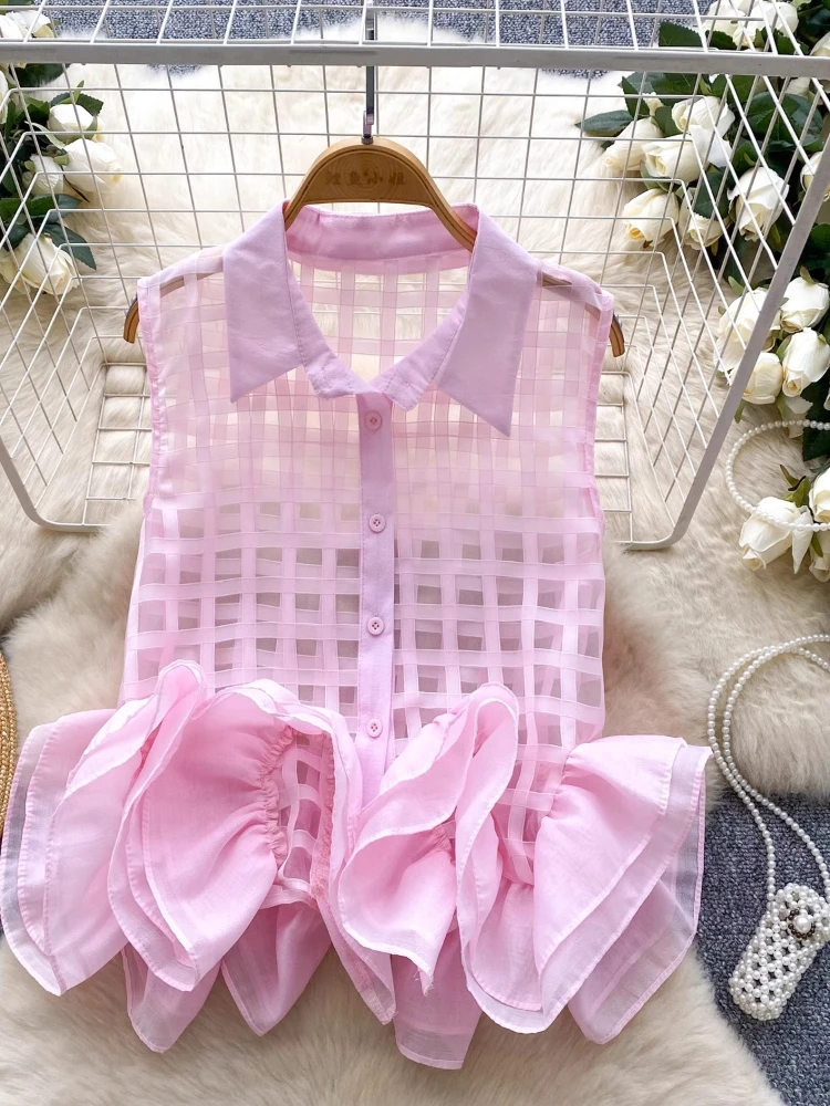 Блузка с 3d оборками по подолу Mujer новые летние рубашки и блузки вырезом на лацкане