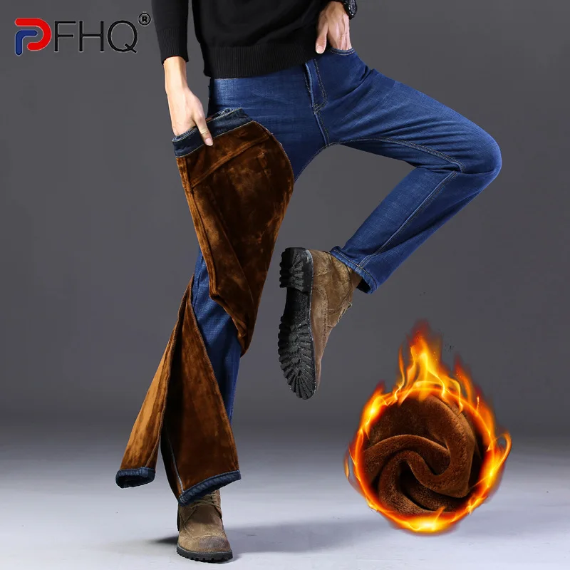 PFHQ 2023 Winter Trendy Thickened Brushed Thermal Jeans Men's Straight Slim Fit Elegant Trousers Stylish Warm Pants New 21Q5684