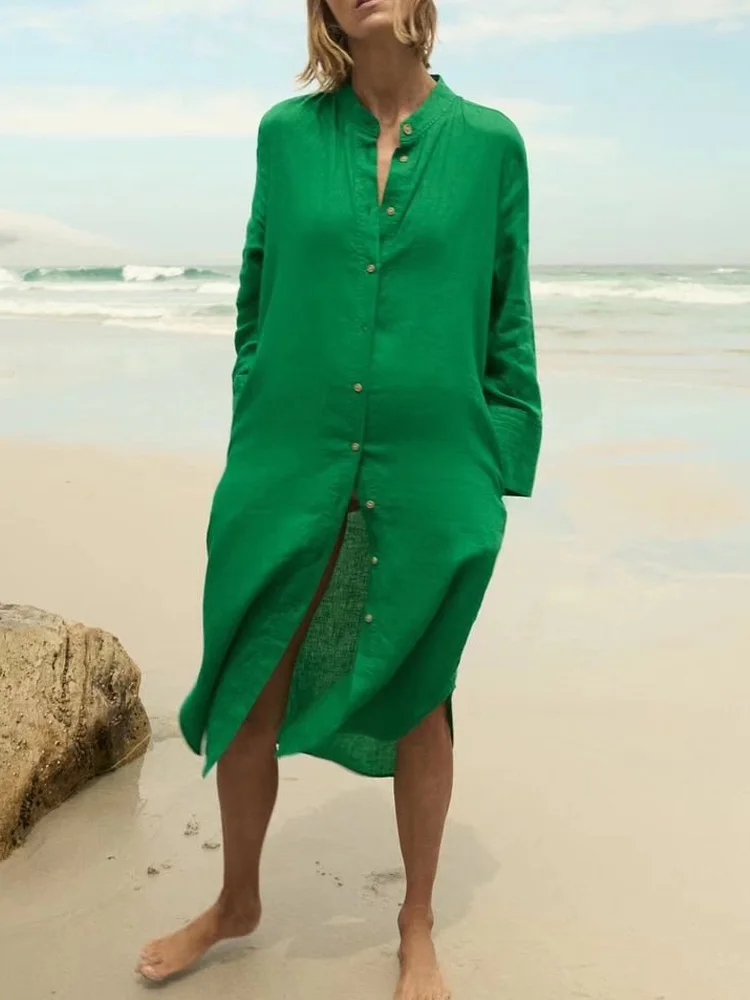 

KUMSVAG 2022 Summer Women Vintage Shirts Dress Solid O-Neck Buttons Linen Loose Female Elegant Fashion Street Dresses Vestidos