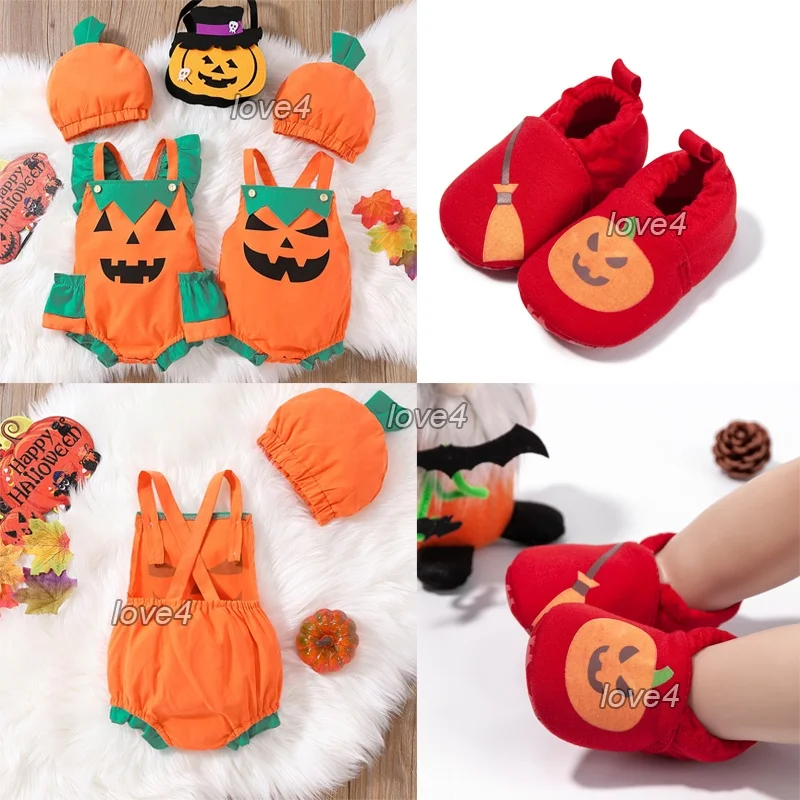 2pcs Set Halloween Costume Baby Pumpkin Romper for Baby Boy Girl Toddler Luminous Pumpkin Shoes Baby 1 Year Old Cosplay Party