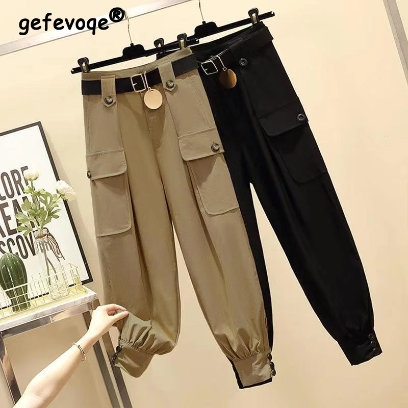 Korean New With Belt Button Pockets Cargo Pants Women High Waist Vintage Harajuku Streetwear Gothic Harem Pants Female Clothing