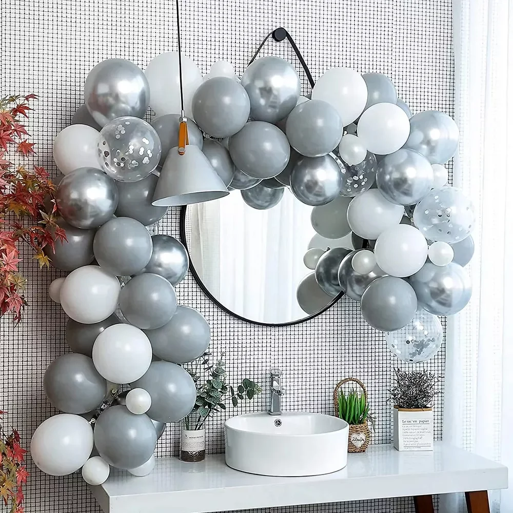 

Hot 82pcs Pastel Gray White Balloon Garland Kit Metallic Silver Aluminium Foil Balloon Wedding Birthday Party Baby Shower Decora