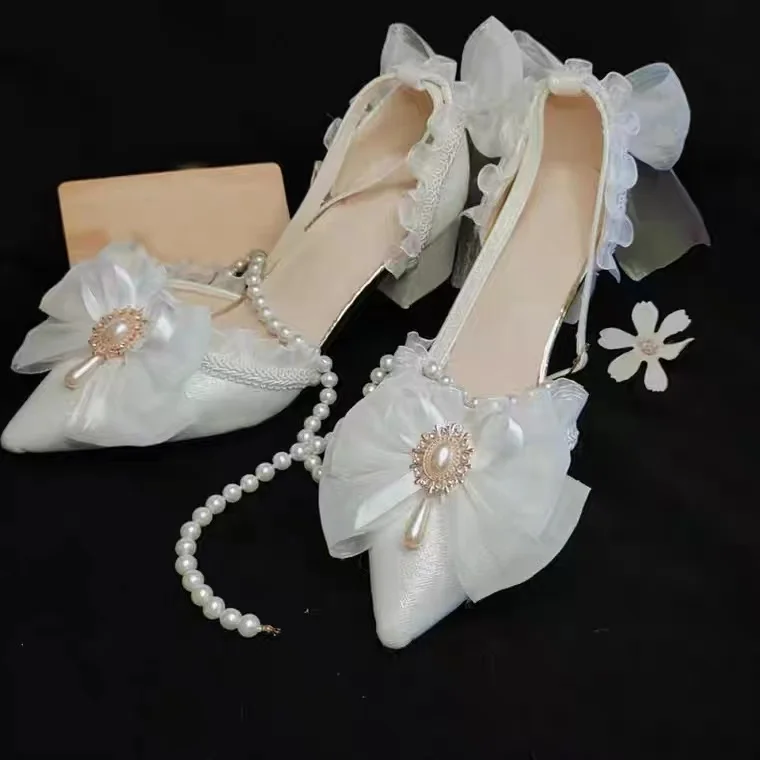 

White Pointy Toe Pearl Bow Lace Women Chunky Low Heel Sandals Summer Dress Shallow Shoes High Heels Wedding Bride Shoes