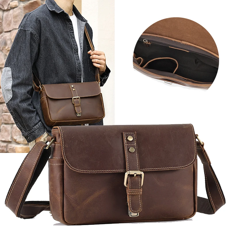 Scione Genuine Leather Men's Messenger Bags Casual Vintage Daily Shoulder Bag Designer Solid Square Male Sling Bags K260