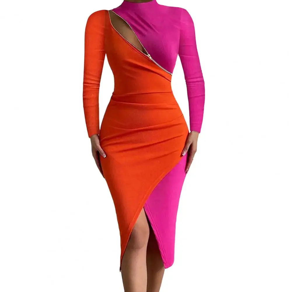 

Club Dress Women Color Matching Zipper Decor Long Sleeves Skinny Half High Collar Dress-up Split Soft Spring Mid Dress Female